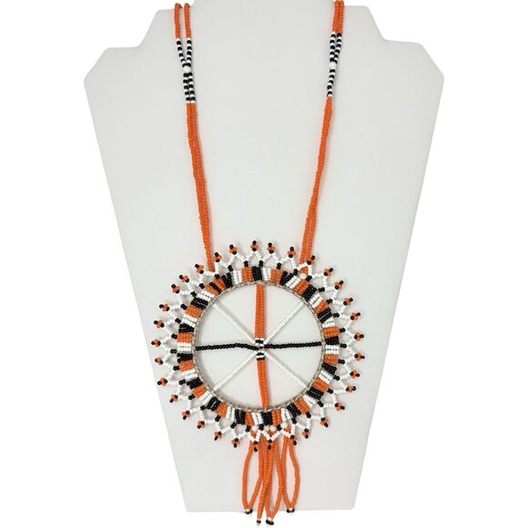 VTG Native American Medicine Wheel Dreamcatcher Necklace Bead Orange Leather - Picture 1 of 9